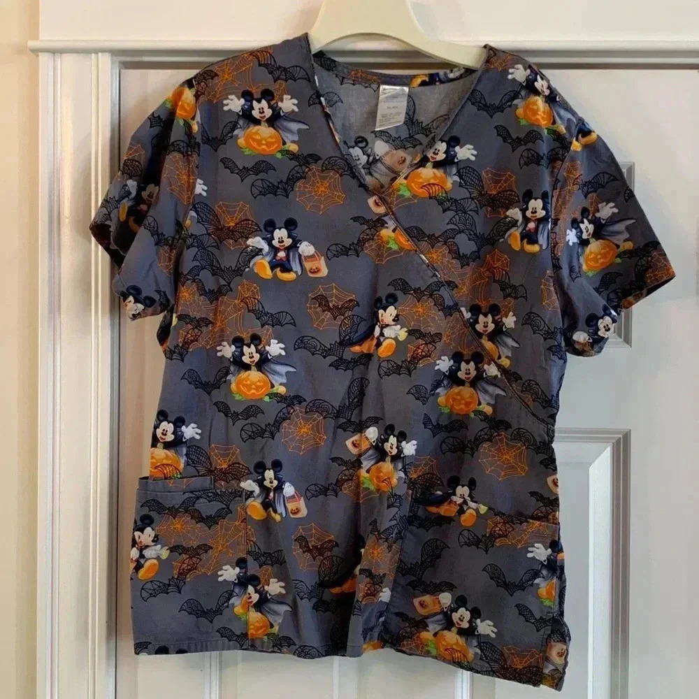 Disney Scrub Top Mickey Mouse Halloween Print XL Scrubs Dracula vampire Spooky